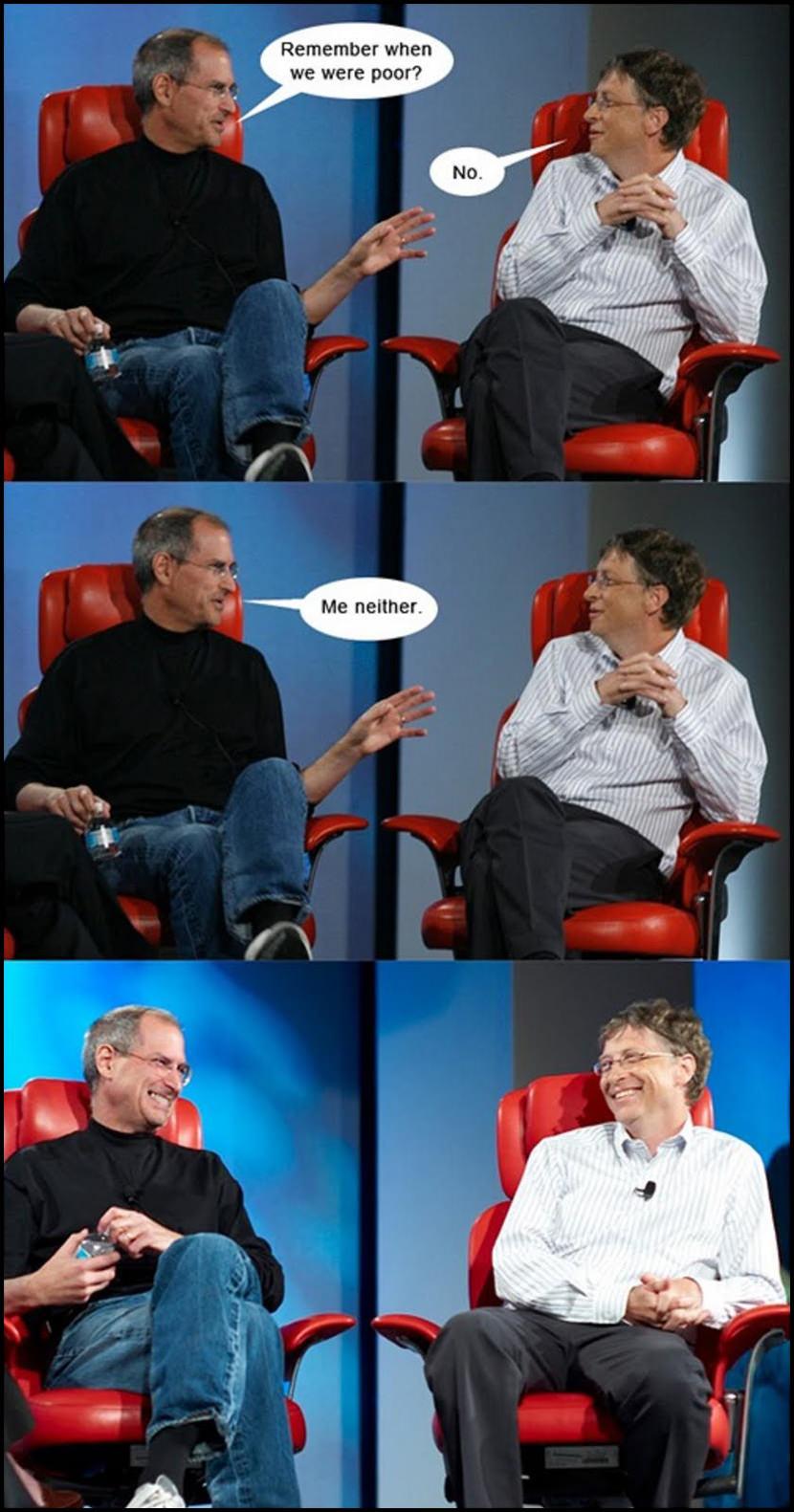 Steve Jobs comes from a middle class family while Bill Gates comes from an upper class family.