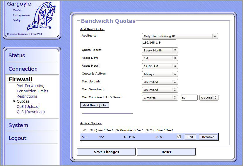 gargoyle wireless router bandwidth quota mb