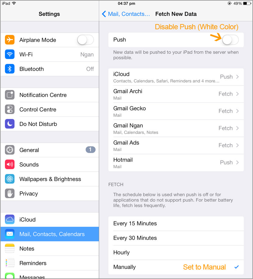 disable push email ios