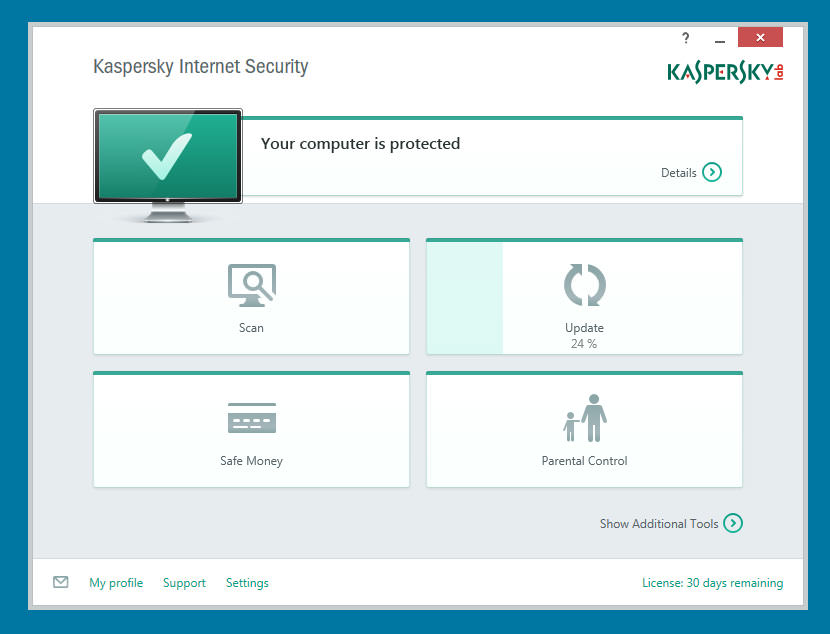 Kaspersky Internet Security I really love the clean user interface. Scan, Update, Safe Money (Online Banking) and Parental Control.