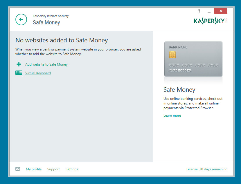 Kaspersky Internet Security The best security policy for preventing online credit card theft is to not store your data on any software. Having said that, it doesn't matter if it is from Symantec Norton or Kaspersky, never use Safe Money. It is better to be safe that sorry, as for the virtual keyboard, that is safe to use.