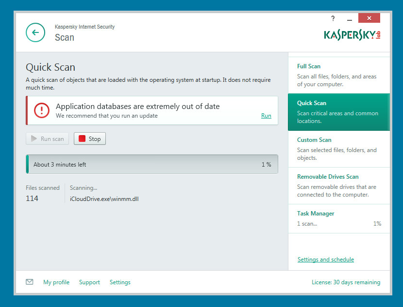 Kaspersky Internet Security The Quick Scan was pretty quick, no malwares was detected.