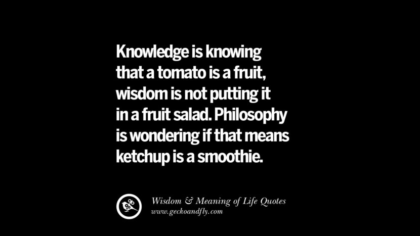 Knowledge is knowing that a tomato is a fruit, wisdom is not putting it in a fruit salad. Philosophy is wondering if that means ketchup is a smoothie.