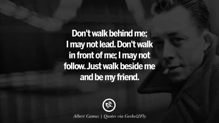 Don't walk behind me; I may not lead. Don't walk in front of me; I may not follow. Just walk beside me and be my friend. - Albert Camus