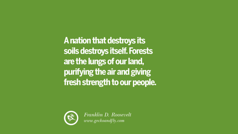 A nation that destroys its soils destroys itself. Forests are the lungs of their land, purifying the air and giving fresh strength to their people. – Franklin D. Roosevelt