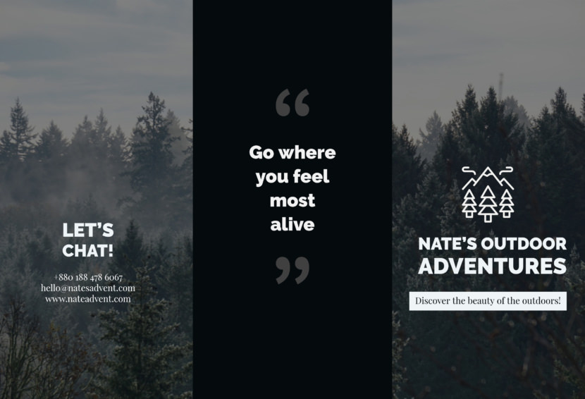 Screenshot of travel brochure template, outdoor adventure in black and white design