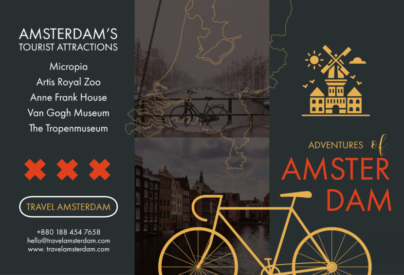 Screenshot of travel brochure template, Amsterdam and Europe design