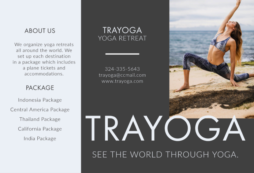 Screenshot of travel brochure template, yoga and meditation design