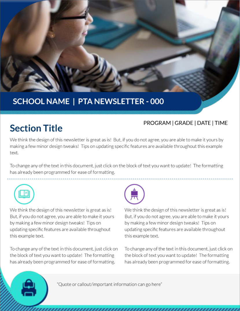 Screenshot of free printable newsletter template for school and communities