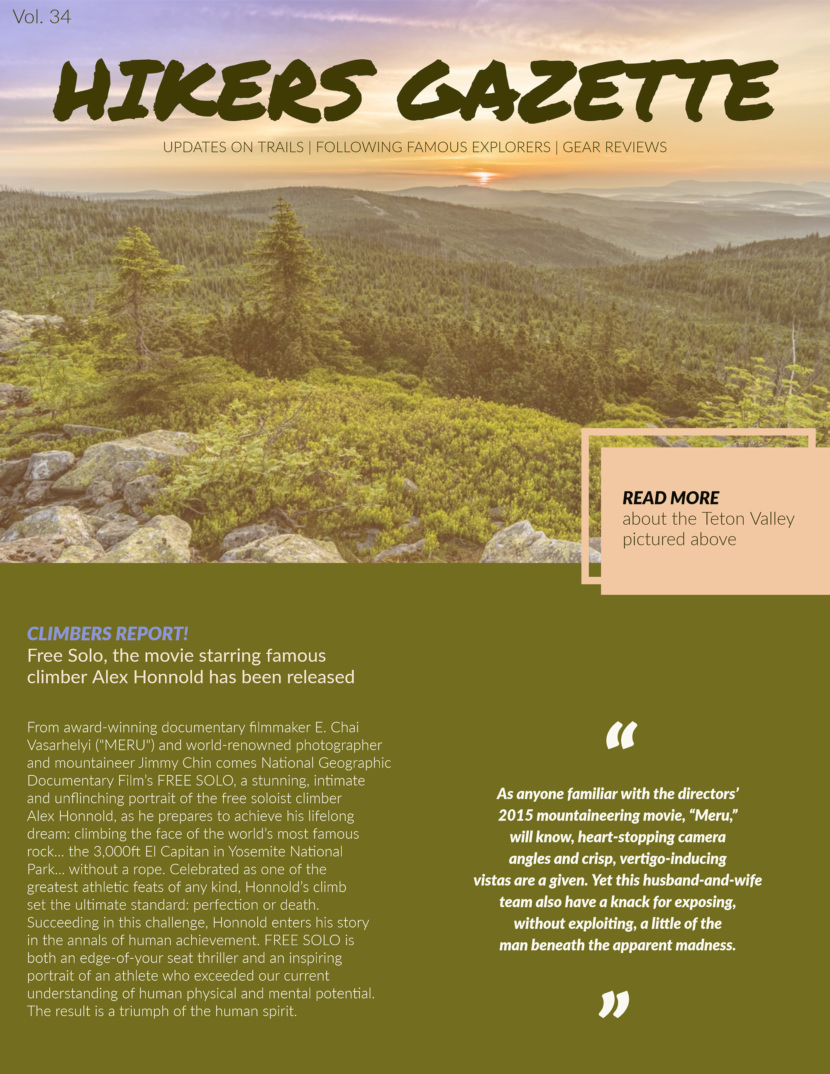 Hiking outdoor adventure Screenshot of free printable newsletter template for school and communities