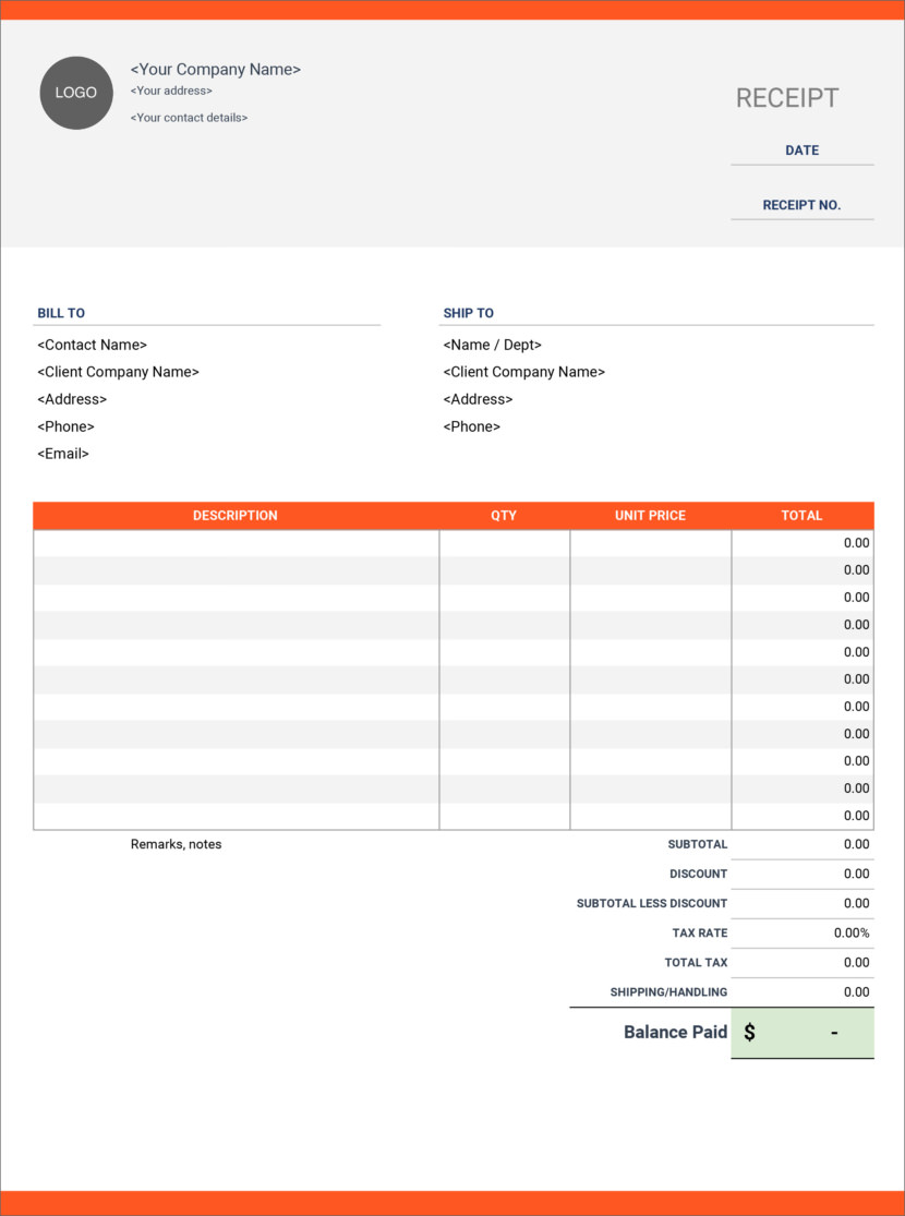 Screenshot of receipt template in Google Sheet, available online and downloadable in Excel format