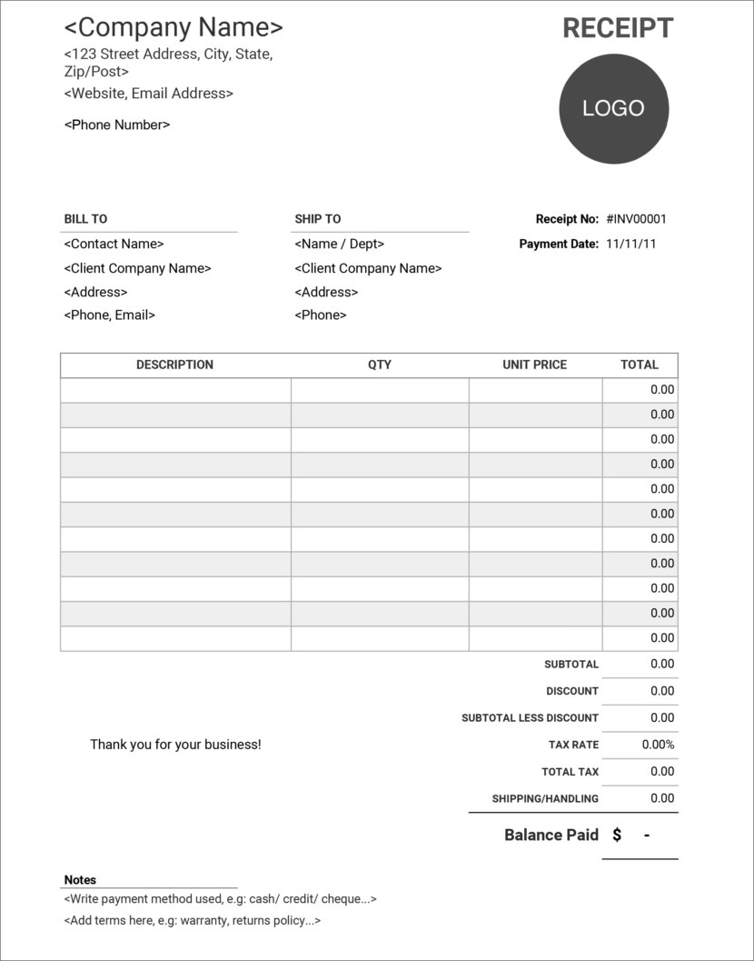 Screenshot of receipt template in Google Sheet, available online and downloadable in Excel format