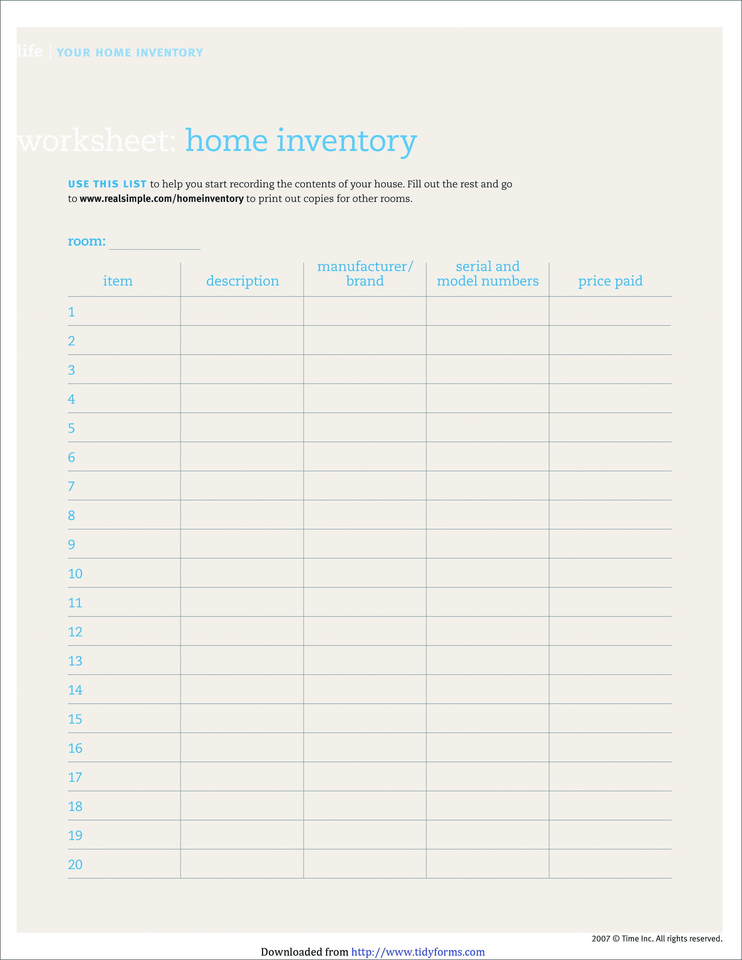 House Contents List Template