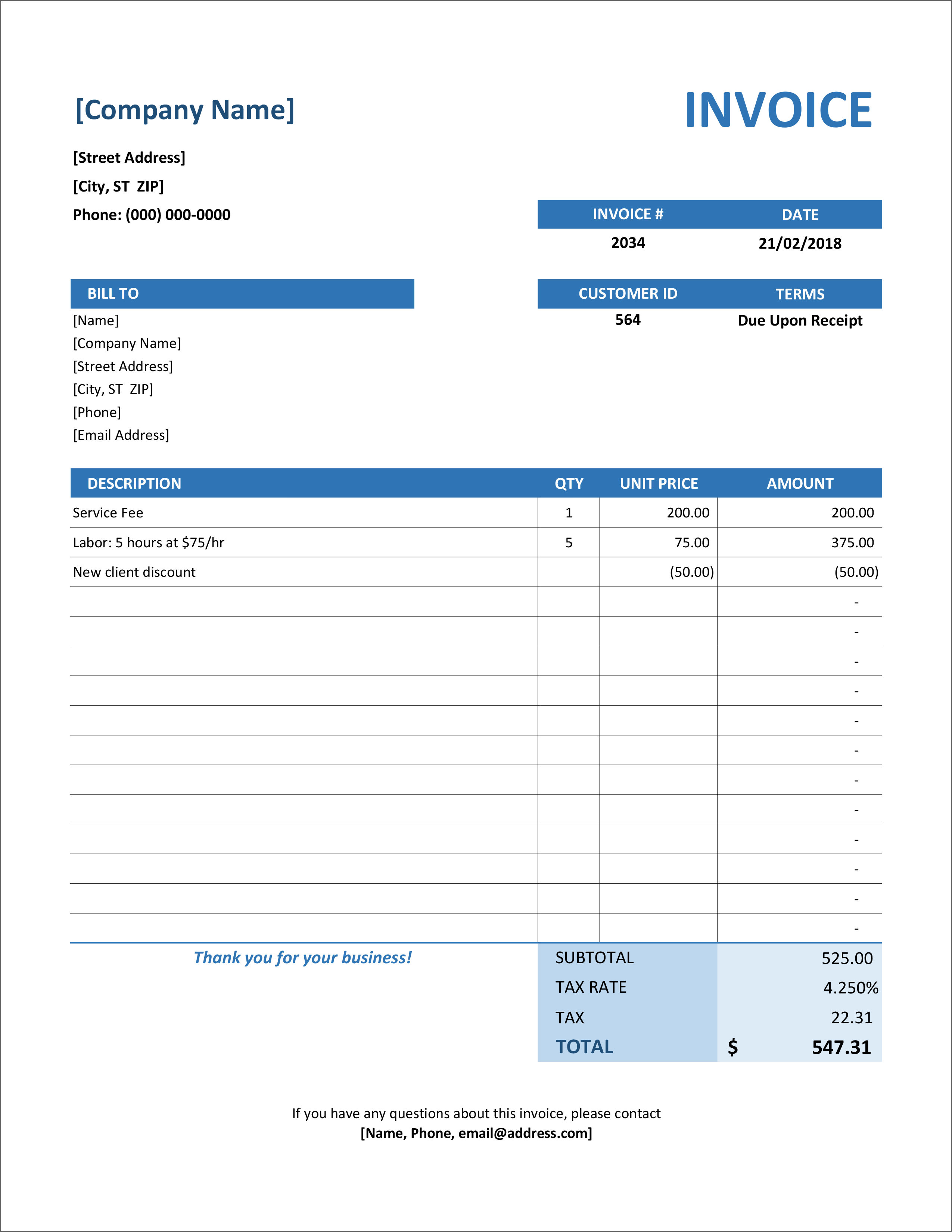 Service Invoice Template Excel - SampleTemplatess - SampleTemplatess