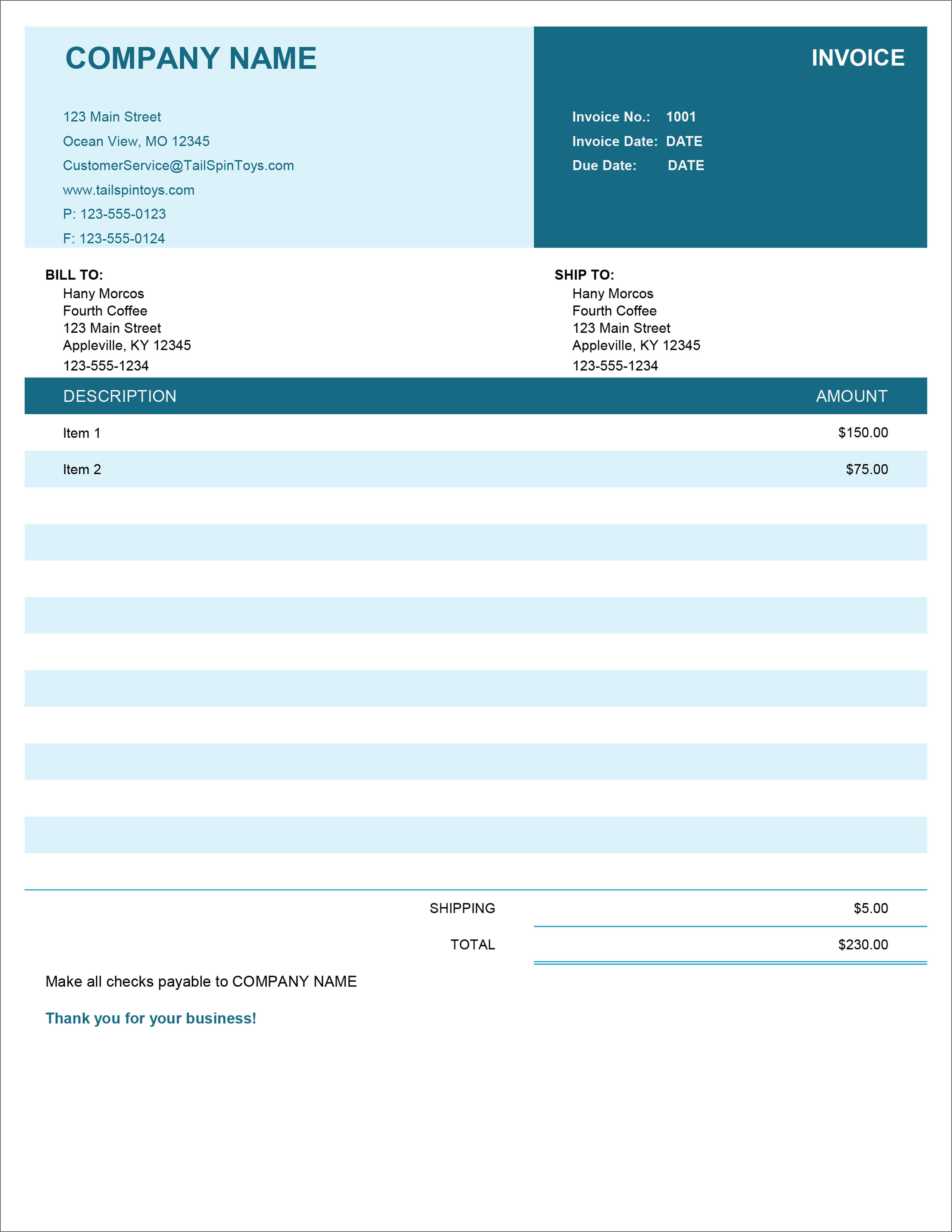 microsoft excel bill format