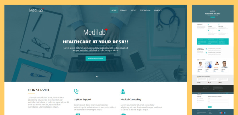 Medilab is a clean, free, responsive bootstrap template perfect for hospitals, doctors, clinic, medical, health and more. This is a fully dynamic, well structured, easy to use and beautiful free HTML5 template.