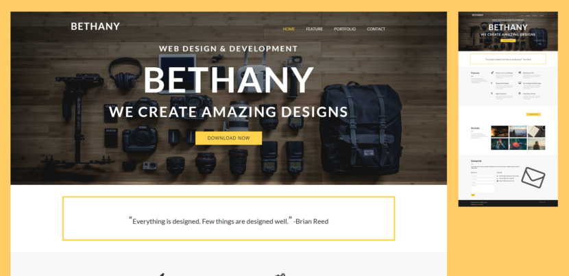 Bethany is a stylish and unique free bootstrap template for modern web designers. It comes with a clean and flat style, it fits you who like minimal and modern design. This free bootstrap website template is used for creative agency, portfolio, photography and corporate business. 