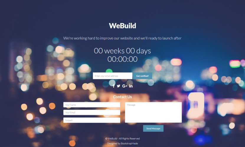 
WeBuild is a bootstrap 3 coming soon template. Simple, flat and minimal design with jQuery countdown and polygonal background.