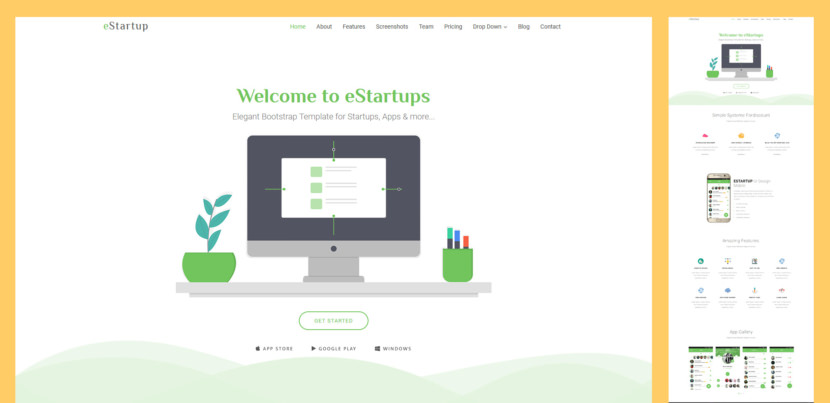 eStartup is an elegant and modern Bootstrap template for creating websites for startups, apps websites and more. It comes with many customisable and reusable elements that are designed to fit as many purposes as possible.