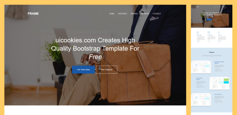 Frame is a free one-page HTML5 website template using bootstrap. It’s a multipurpose template suitable for business startups or landing page for any business. It has a features section, parallax, pricing, reviews and contact with a beautiful and awesome design.