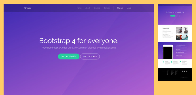 Unlock is a free Bootstrap 4 website template perfect for app and services landing page and for any other business websites. It has a modern and elegant design intended for business, corporate, app showcase and many others.