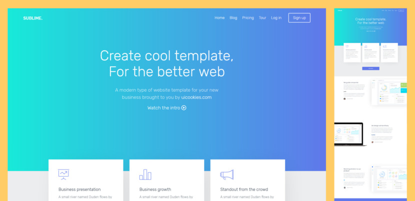 Sublime is a free responsive Bootstrap website template perfect to use as a landing page for corporate, business, startup, office, agency and general purposes. It has a smooth scroll animation it has also beautiful and elegant login and signup and pricing table pages. Built using sass and gulp for easy to customize.