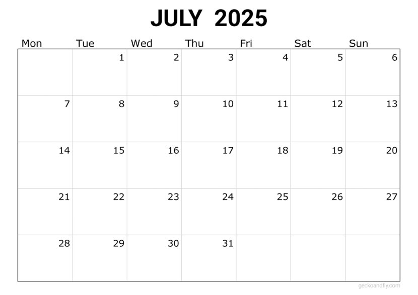 a free simple July 2025 monthly calendar in printable a4 and a3 format