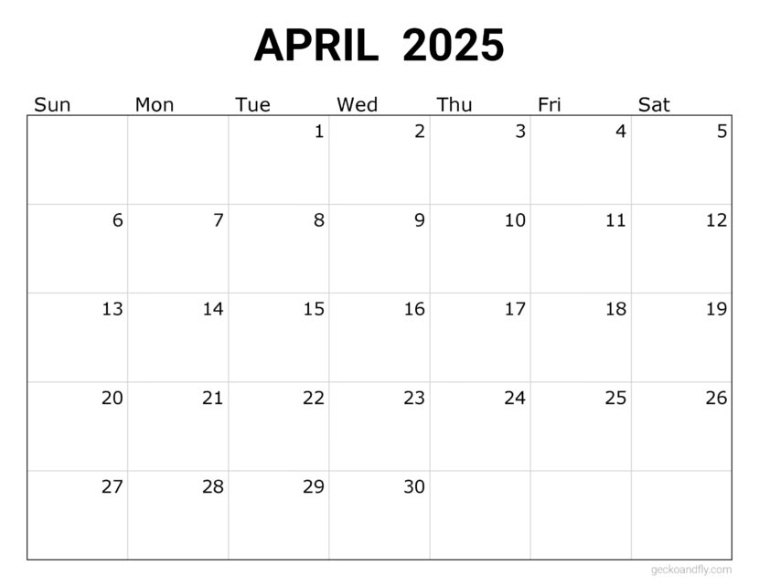 a free simple April 2025 monthly calendar in printable letter format