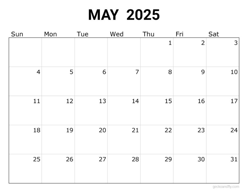 a free simple May 2025 monthly calendar in printable letter format