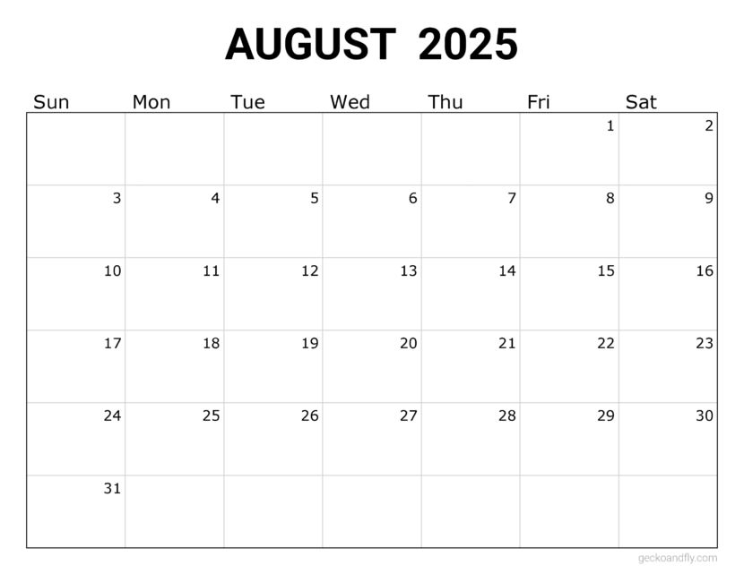 a free simple August 2025 monthly calendar in printable letter format