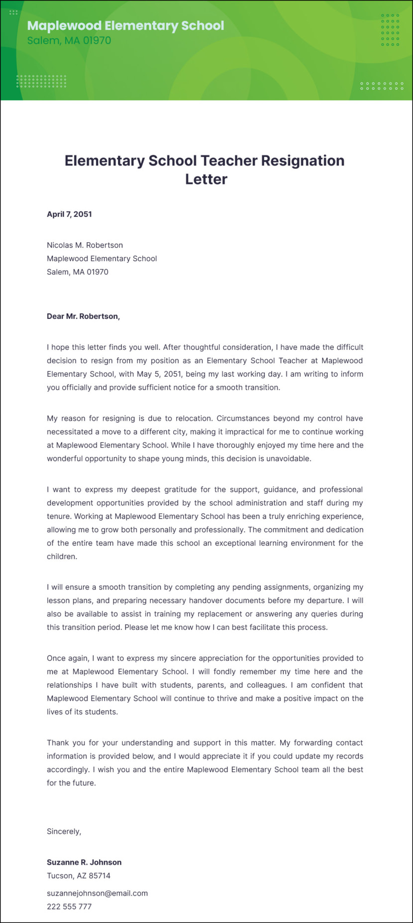 Elementary School Teacher Resignation Letter
