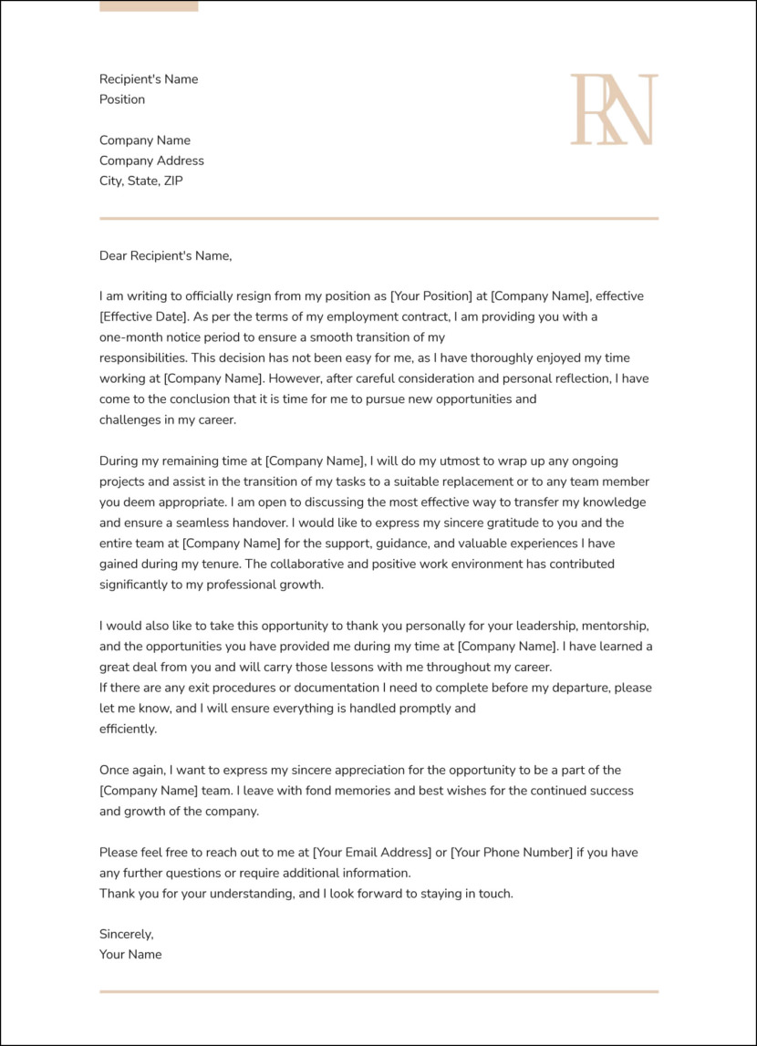 One Month Notice Resignation Letter