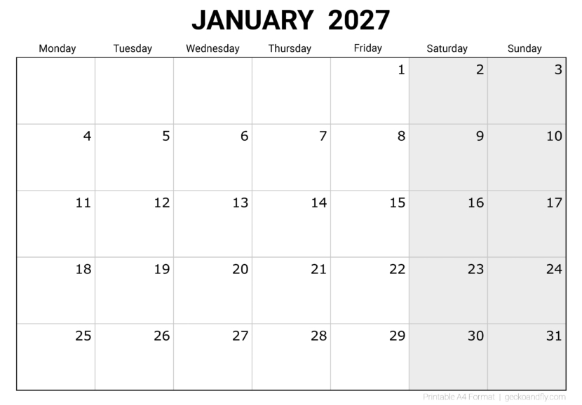Free Printable January 2027 Monthly Calendar