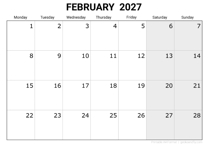 Free Printable February 2027 Monthly Calendar