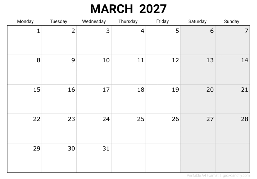 Free Printable March 2027 Monthly Calendar