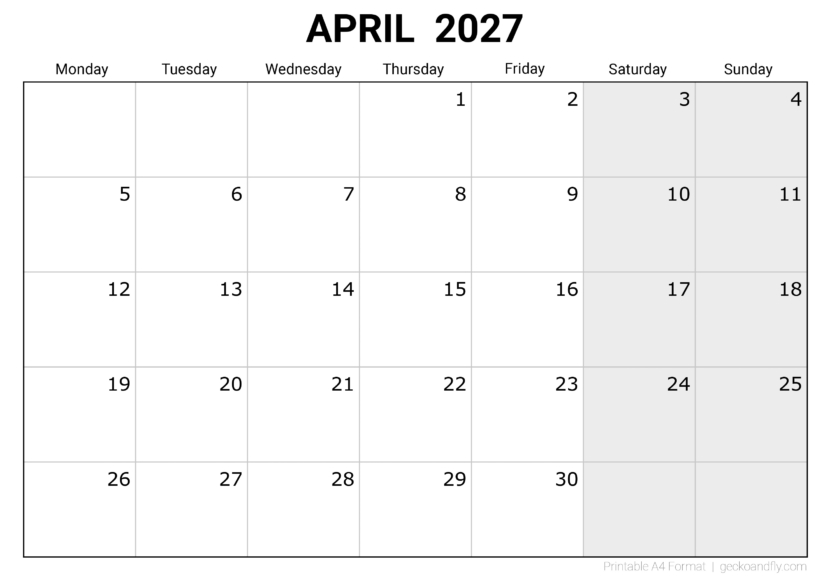 Free Printable April 2027 Monthly Calendar