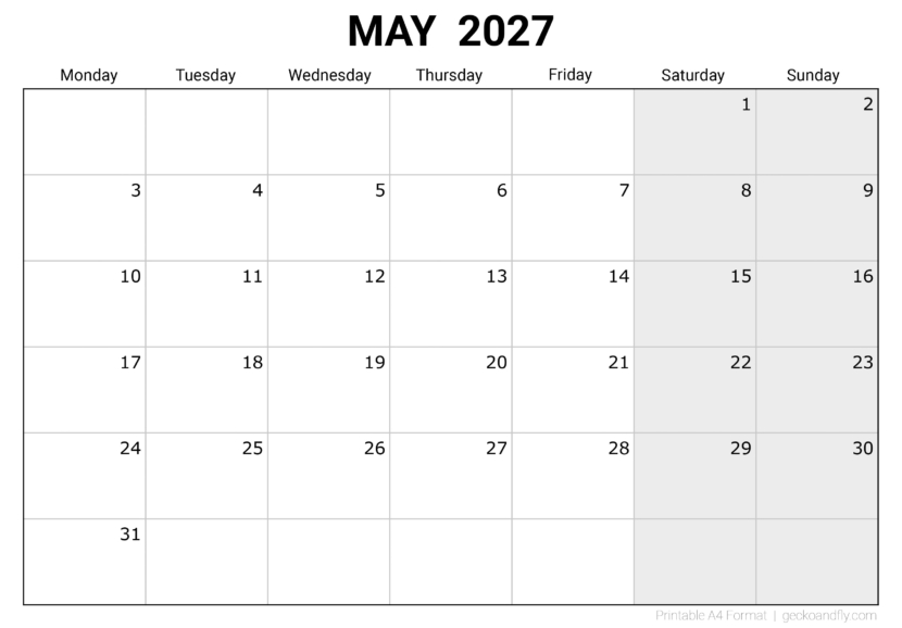 Free Printable May 2027 Monthly Calendar