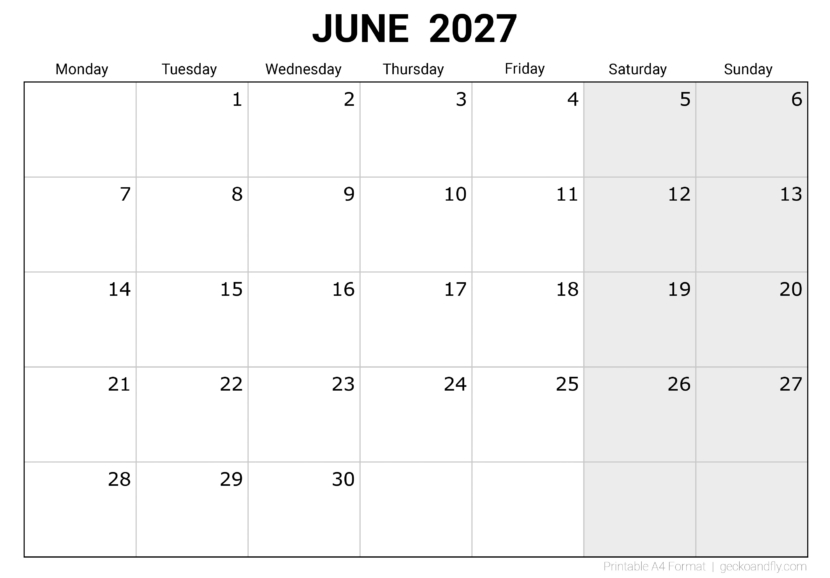 Free Printable June 2027 Monthly Calendar