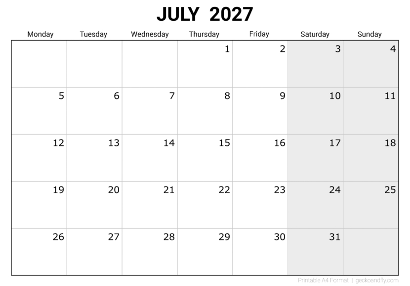 Free Printable July 2027 Monthly Calendar