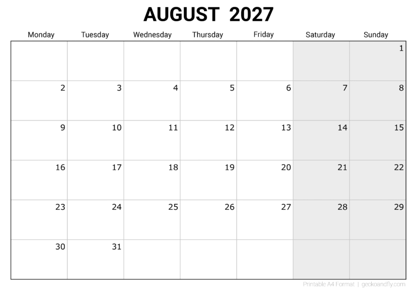 Free Printable August 2027 Monthly Calendar