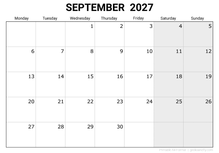 Free Printable September 2027 Monthly Calendar