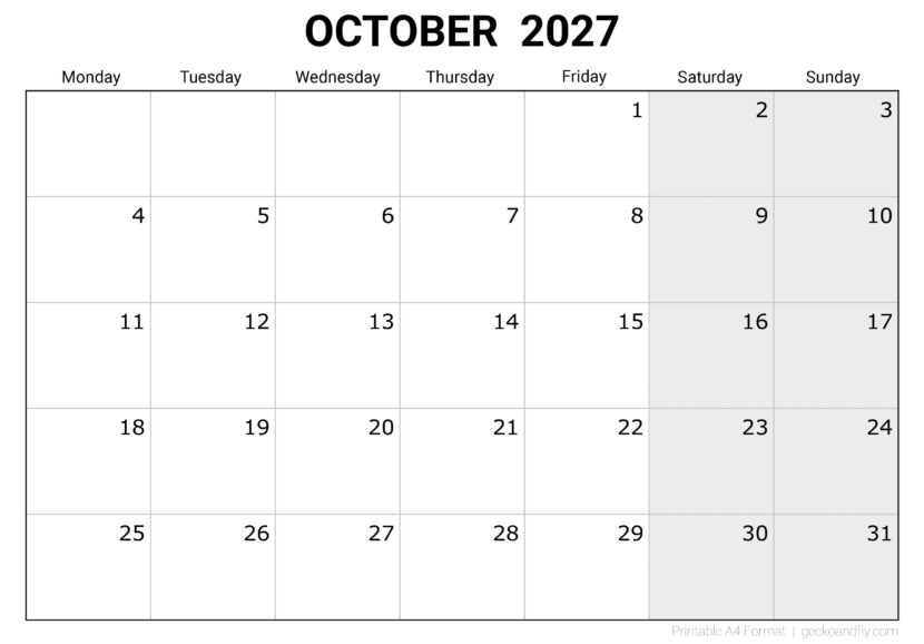 Free Printable October 2027 Monthly Calendar