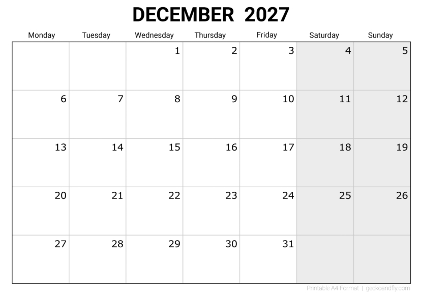Free Printable December 2027 Monthly Calendar