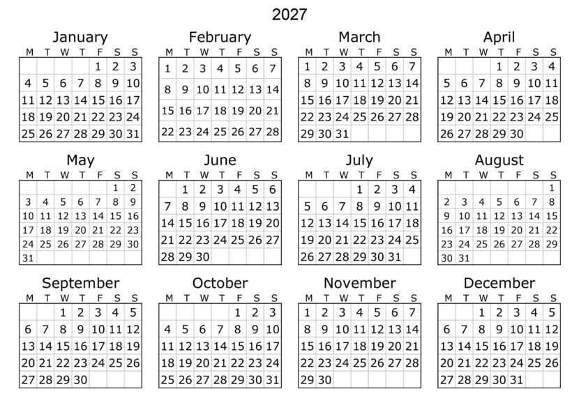 Free Printable 2027 Monthly Calendar