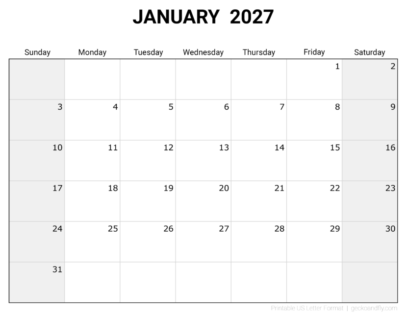 Free Printable January 2027 Monthly Calendar