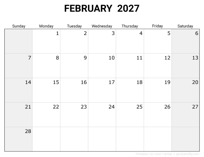 Free Printable February 2027 Monthly Calendar