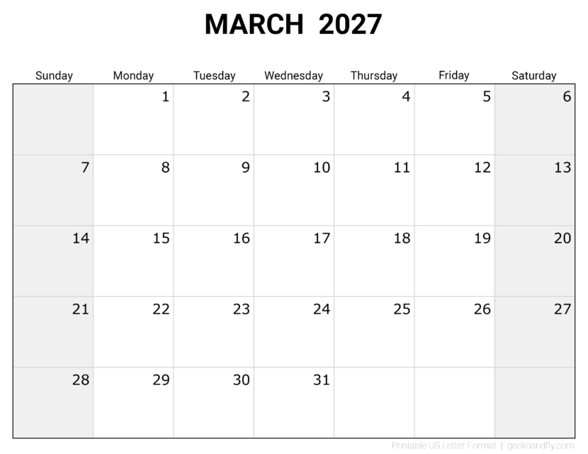 Free Printable March 2027 Monthly Calendar