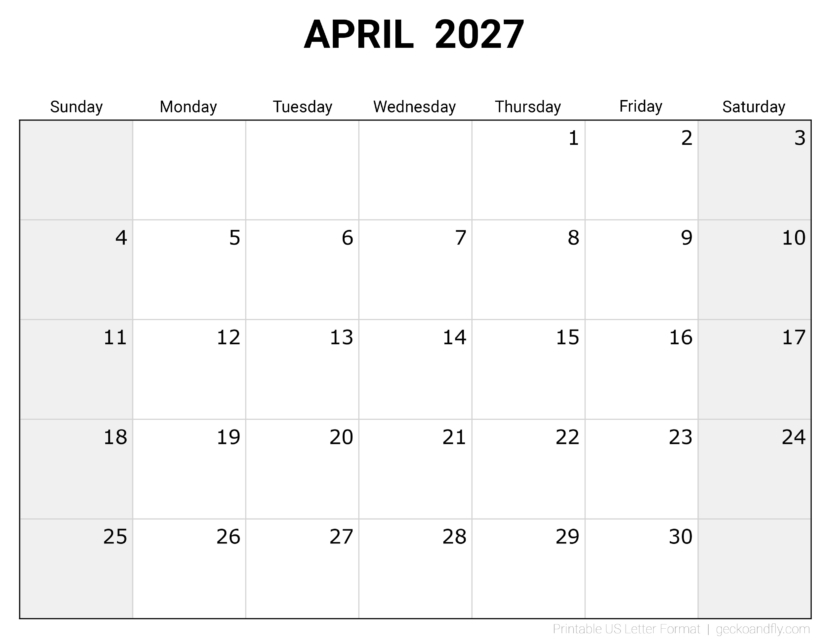 Free Printable April 2027 Monthly Calendar