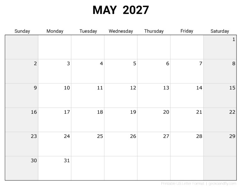 Free Printable May 2027 Monthly Calendar