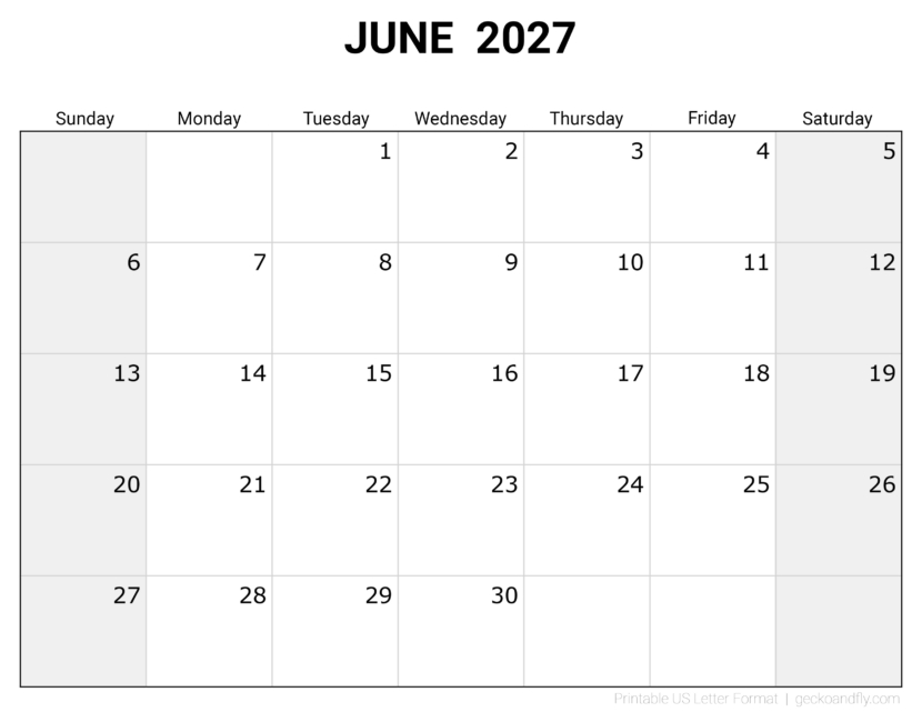 Free Printable June 2027 Monthly Calendar